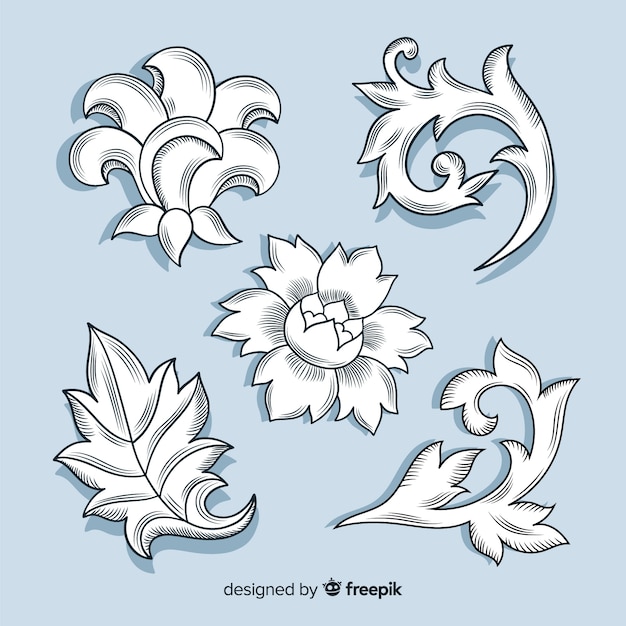 Realistic hand drawn baroque retro flowers on blue background