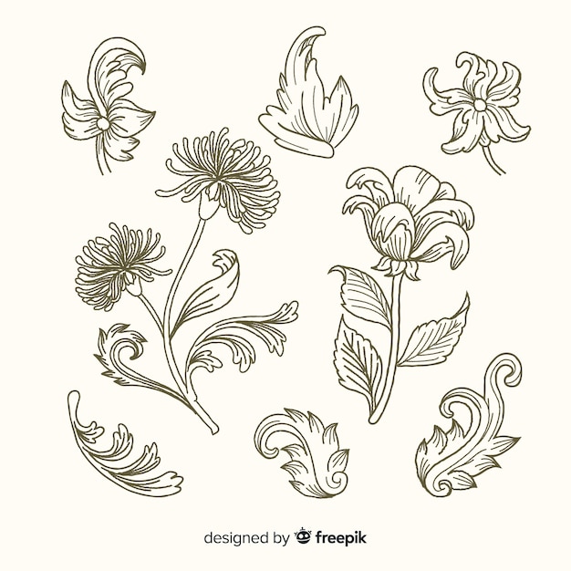 Realistic hand drawn baroque retro flowers