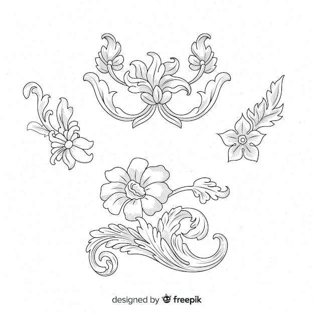 Realistic hand drawn baroque vintage flowers