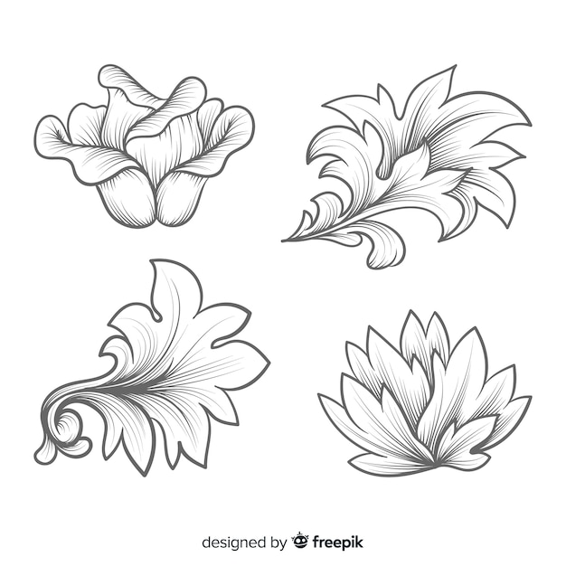 Realistic hand drawn baroque vintage flowers