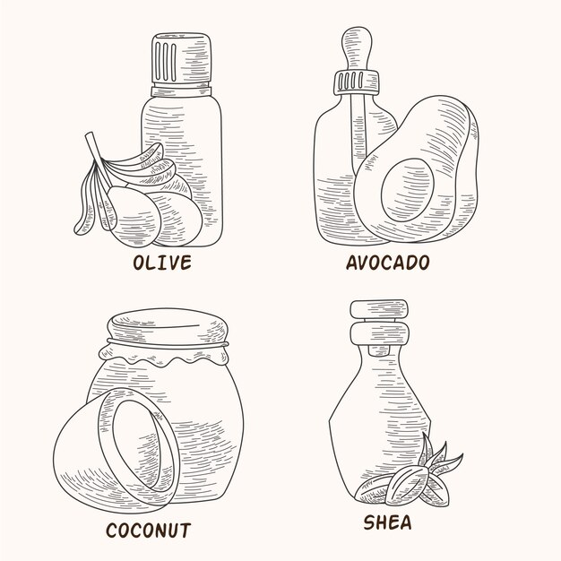 Realistic hand drawn essential oil bottle pack