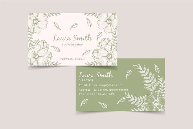 Realistic hand drawn floral business card template