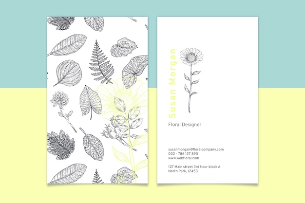 Realistic hand drawn floral business card template