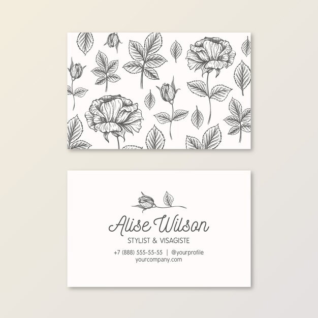 Realistic hand drawn floral business card template