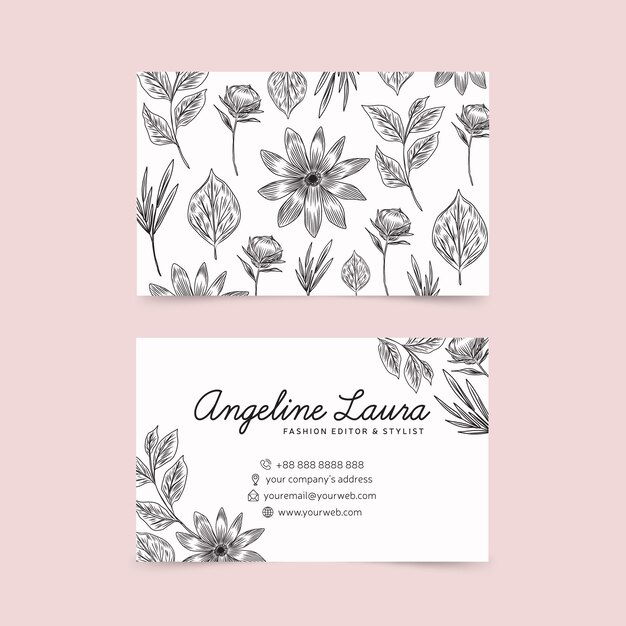 Realistic hand drawn floral business card template