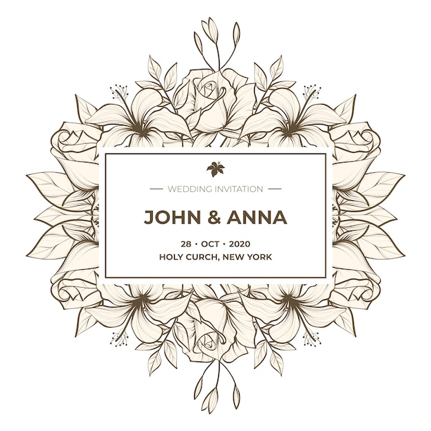 Free vector realistic hand drawn flowers wedding invitation template