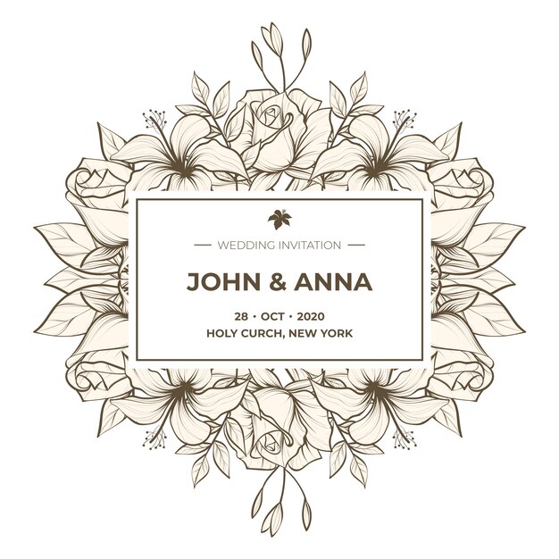 Realistic hand drawn flowers wedding invitation template