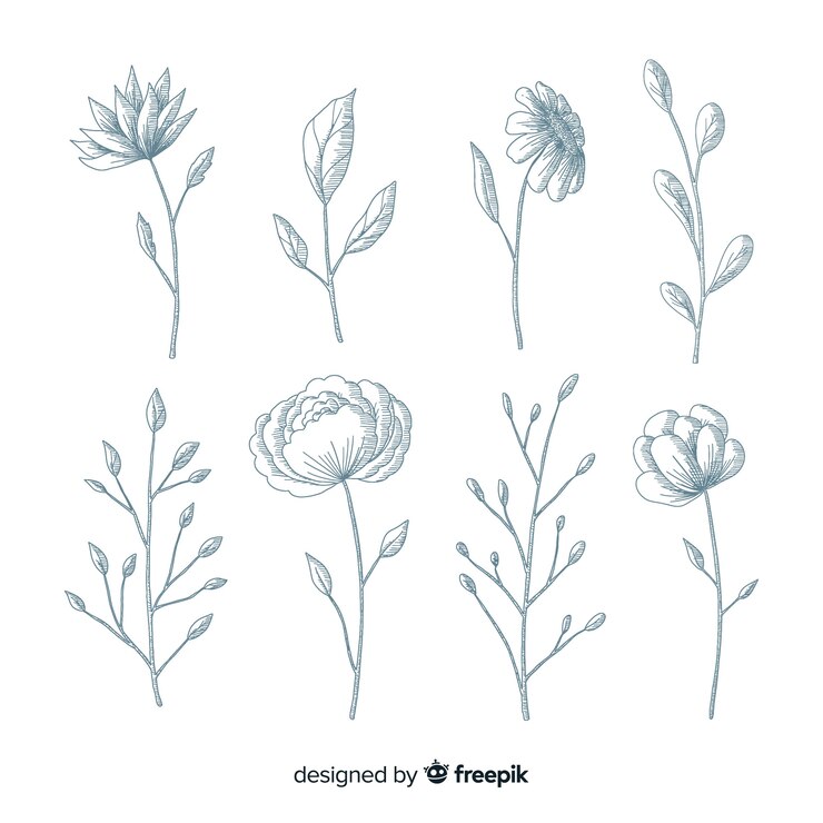 Free Vector realistic hand drawn flowers with stems and leaves in blue shades