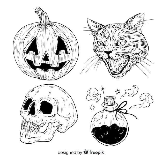 Free vector realistic hand drawn halloween element collection