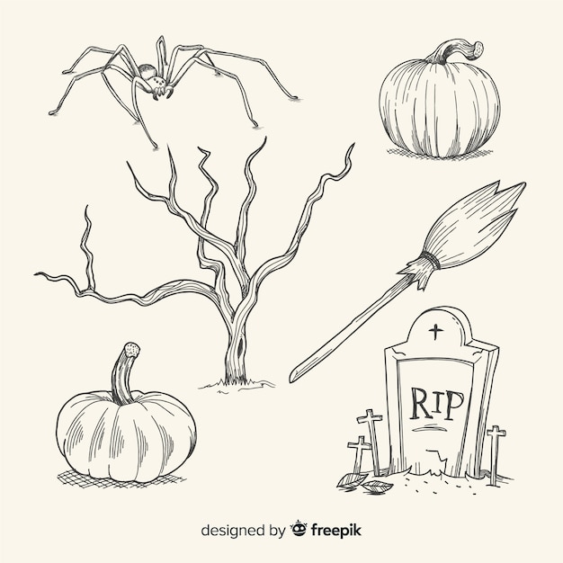 Realistic hand drawn halloween element collection