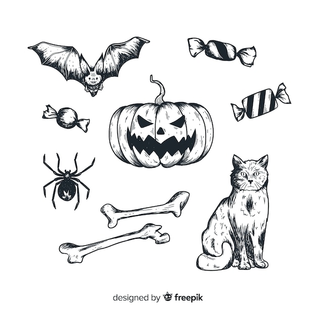 Free vector realistic hand drawn halloween element collection