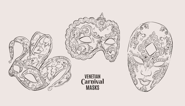 Realistic hand drawn venetian carnival masks