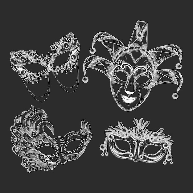 Realistic hand drawn venetian carnival masks
