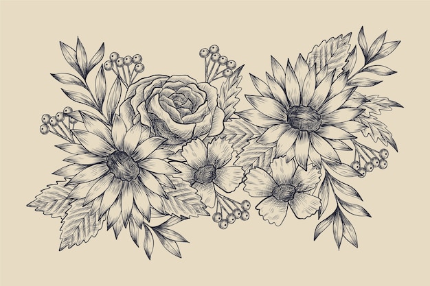 無料ベクター 現実的な手描きのヴィンテージの花の花束