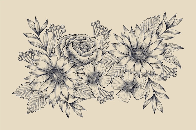 Realistic hand drawn vintage floral bouquet