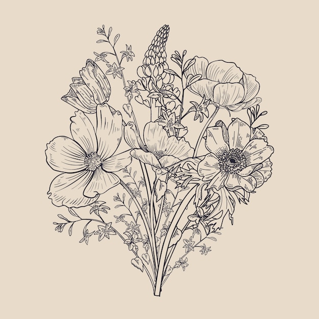 Realistic hand drawn vintage floral bouquet