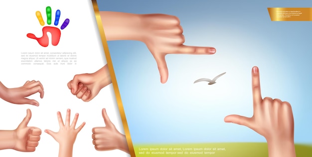 Realistic hand gestures concept with viewfinder like okay picking signs and female fist