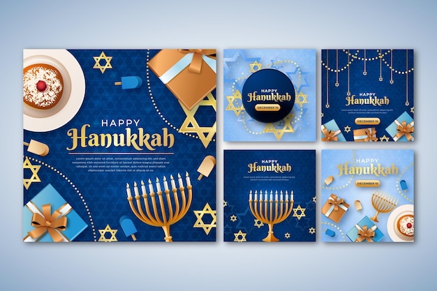 Vettore gratuito raccolta realistica di post su instagram di hanukkah