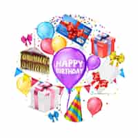 Бесплатное векторное изображение Реалистичная поздравительная открытка с днем рождения с разноцветными воздушными шарами, бантами, подарочными коробками, кусок торта, шляпа, конфетти