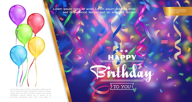 Реалистичный шаблон с днем рождения с разноцветными воздушными шарами, падающими лентами и конфетти на размытом фоне иллюстрации