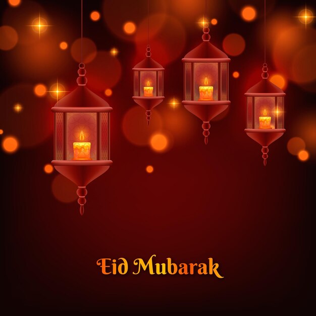Realistic happy eid mubarak lanterns with bokeh effect
