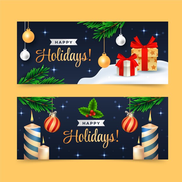 Realistic happy holidays horizontal banners set