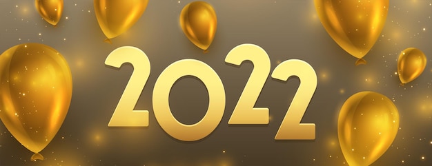 Realistic happy new year 2022 golden balloons celebration banner