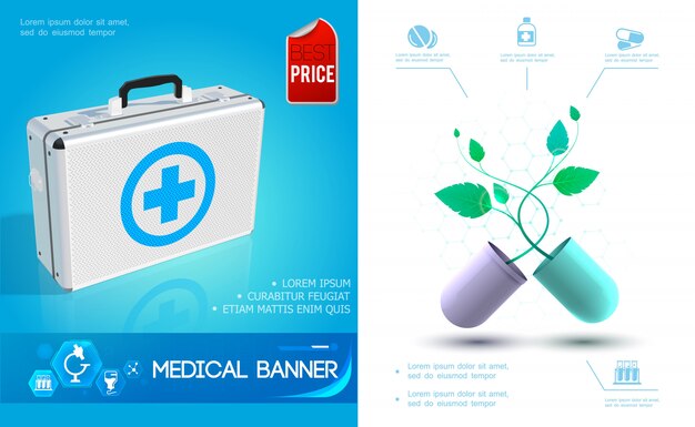 Realistic healthcare colorful composition with medical kit and broken capsule with plant