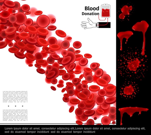 Реалистичная красочная концепция здравоохранения с кровяными клетками, брызгами, пятнами и каплями иллюстрации,
