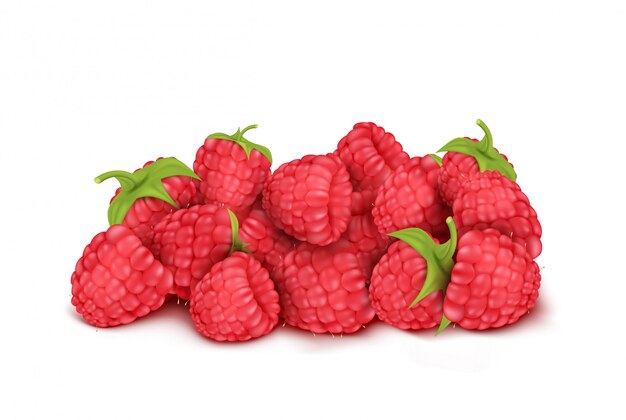 Realistic heap of red ripe raspberry isolated on background. Natural summer fruit