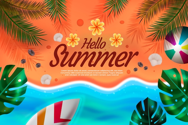 Realistic hello summer beach illustration