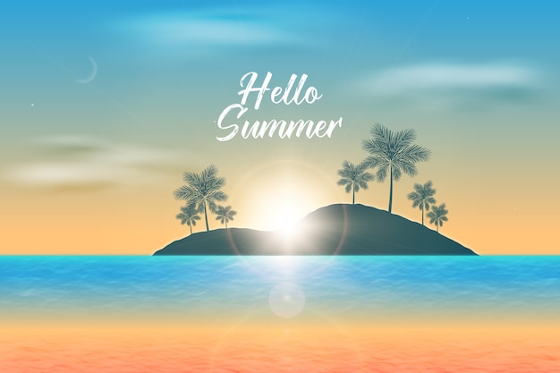 Realistic hello summer and tropical landscape