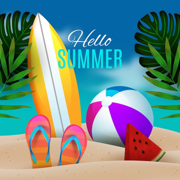 Realistic hello summer with beach illustration