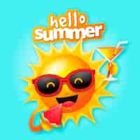 Free vector realistic hello summer with sun and cocktail