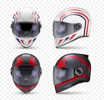 Free vector realistic helmet motorbike set of isolated front and side view images of crash helmet with artwork vector illustration