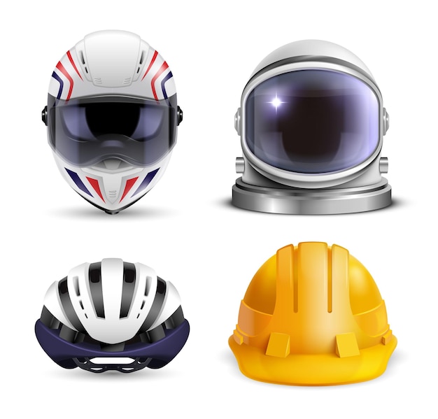 Free vector realistic helmet set with four isolated images of construction hard hat bicycle motorbike and spacesuit helmets vector illustration