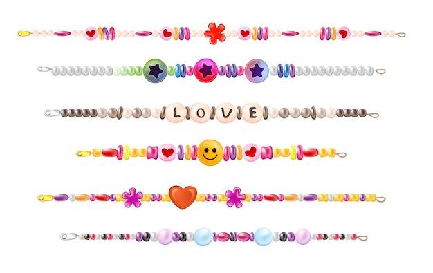 Free vector realistic hippie necklace bracelet set with isolated horizontal strings with love beads images of different color vector illustration