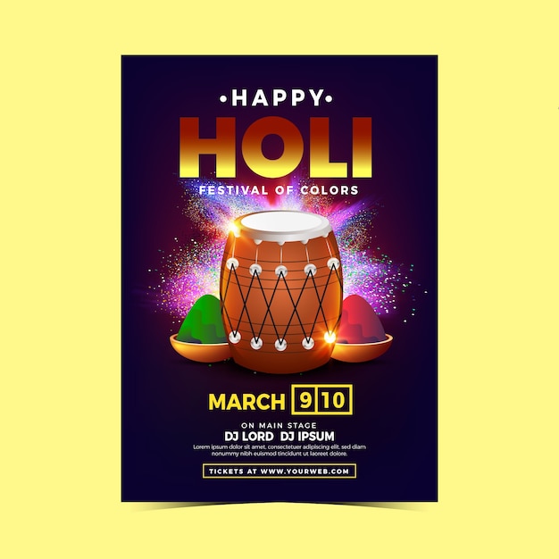 페인트 가루와 드럼 현실적인 holi 축제 전단지 템플릿