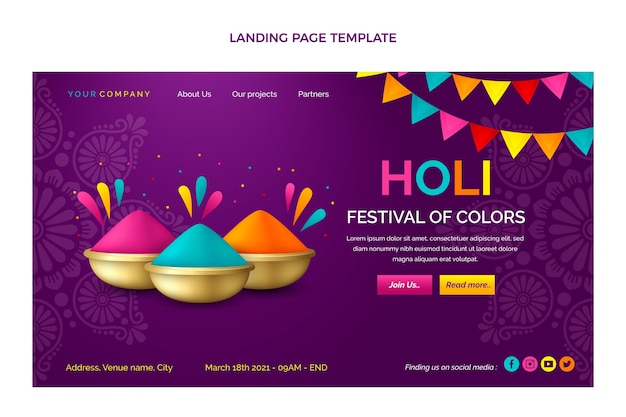 Free vector realistic holi landing page template