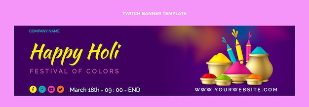 Vettore gratuito banner holi twitch realistico