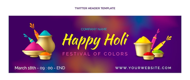 Vettore gratuito intestazione di twitter holi realistica