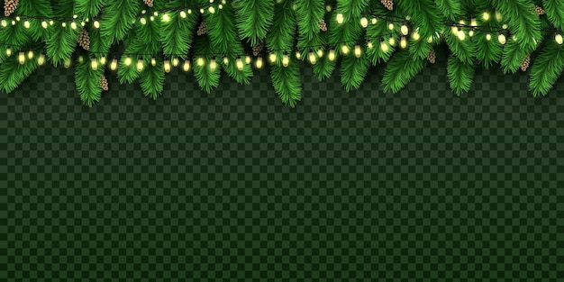 Realistic holiday decorative lights on christmas pine tree. xmas banner with bulb garland and fir branches with pine cones vector background