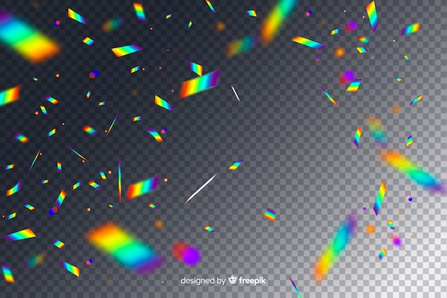 Realistic holographic confetti falling background