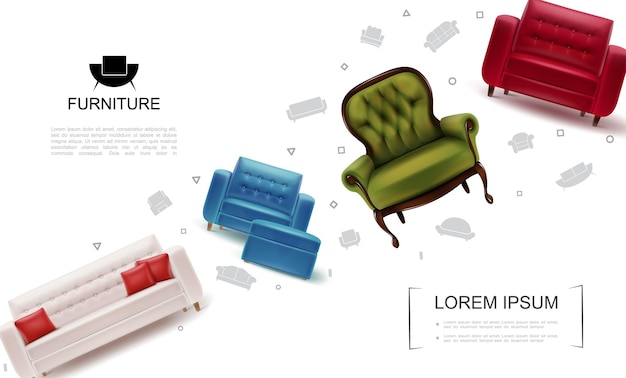 Реалистичный шаблон предметов домашней мебели с креслами, мягкими табуретами, кожаным диваном с подушками
