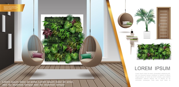 현대 매달려 고리 버들 세공 의자 장식 녹색 벽 나무로되는 문 식물 화분 선반 그림에서 현실적인 홈 인테리어 다채로운 구성