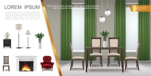 Realistica casa composizione interna con tavolo sedie pianta d'appartamento in soggiorno diverse lampade poltrona comodino camino