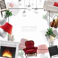 Free vector realistic home interior template with frame for text comfortable armchair ceiling and table lamps nightstand chair flowers vases sofa fireplace