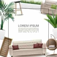 Free vector realistic home interior template with frame for text wooden door sofa pillows wicker and bar chairs armchair grass and plants in flowerpots  frame