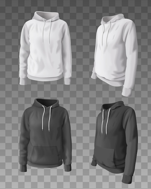 Realistic hoodies and hooded sweatshirt mockup set in white and black colors on transparent background isolated vector illustration