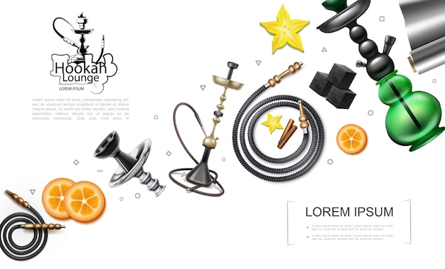 Realistic hookah elements concept with pipes tubes hookahs orange slices charcoal cubes foil star anise